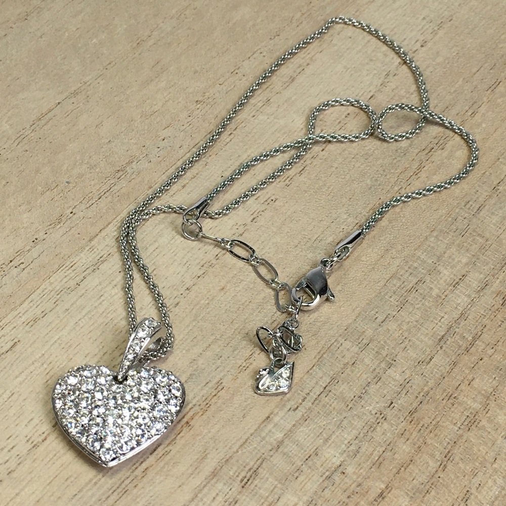 Swarovski Pave Crystal Puffy Heart Pendant Necklace Silver Tone